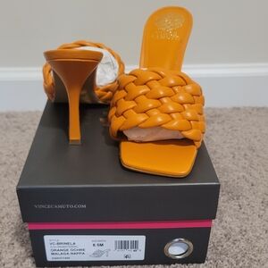 Vince Camuto Orange Heeled Mules with Woven Design